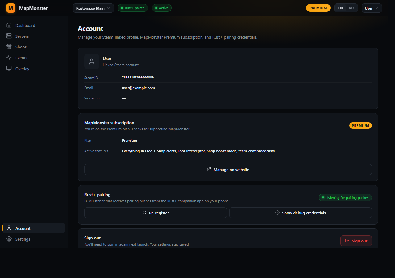 MapMonster Account page — Steam identity card with PREMIUM badge, key-value rows for email, Steam ID, plan, next renewal, this device fingerprint.