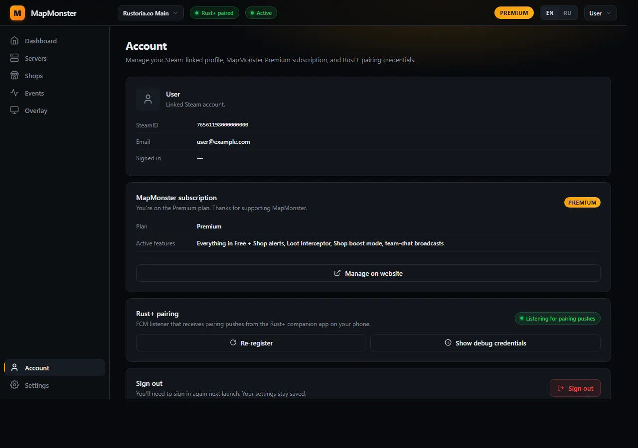 MapMonster Account page — Steam identity card with PREMIUM badge, key-value rows for email, Steam ID, plan, next renewal, this device fingerprint.