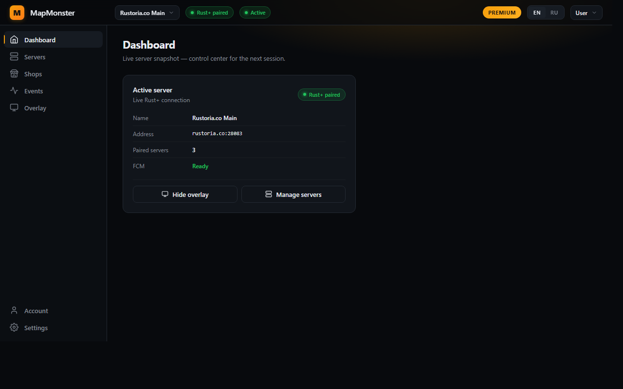MapMonster Dashboard — topbar with active server pill, sidebar with 7 routes, main area with the Active Server card.