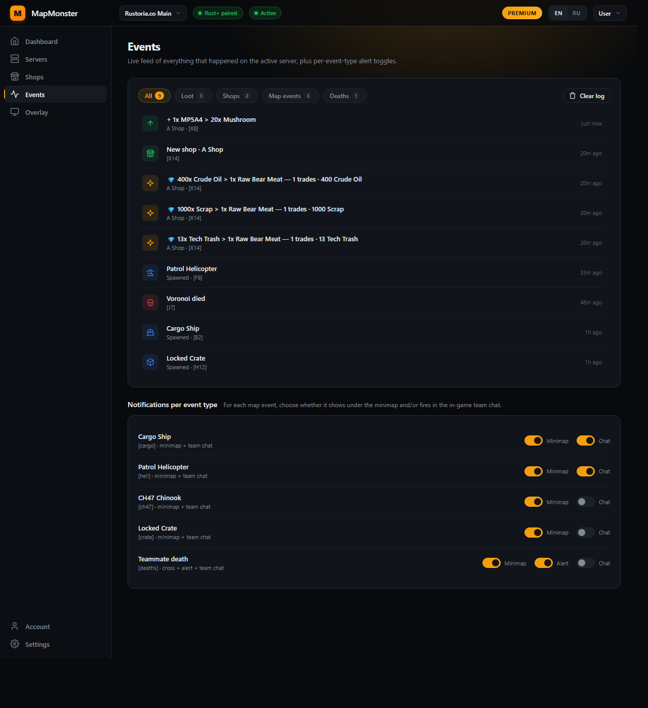MapMonster Events page — filter chips with counts, a feed of recent loot/shop/event/death entries, and a panel of per-event Minimap+Chat toggles.