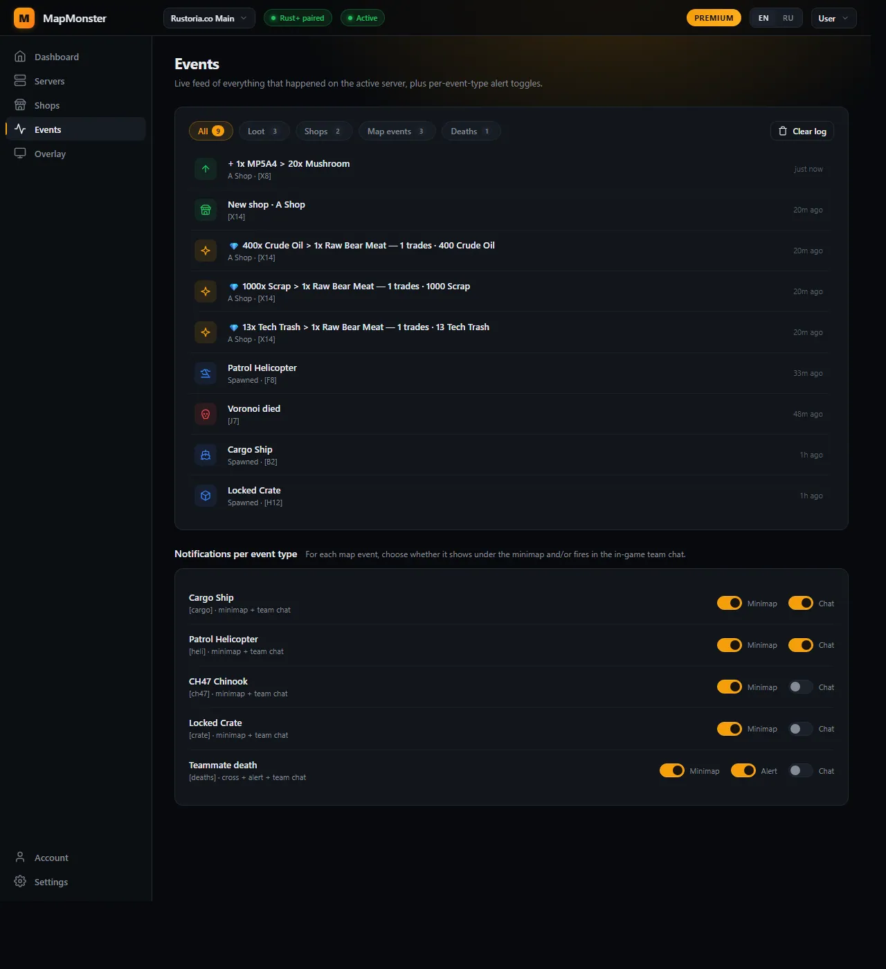 MapMonster Events page — filter chips with counts, a feed of recent loot/shop/event/death entries, and a panel of per-event Minimap+Chat toggles.