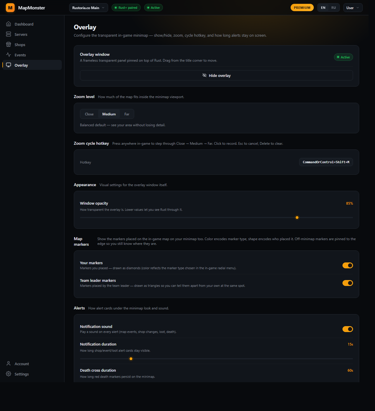 MapMonster Overlay page — full settings list: state toggle, zoom segmented (Close/Medium/Far), zoom cycle hotkey, opacity slider at 85%, map markers toggles, notification sound + duration sliders.