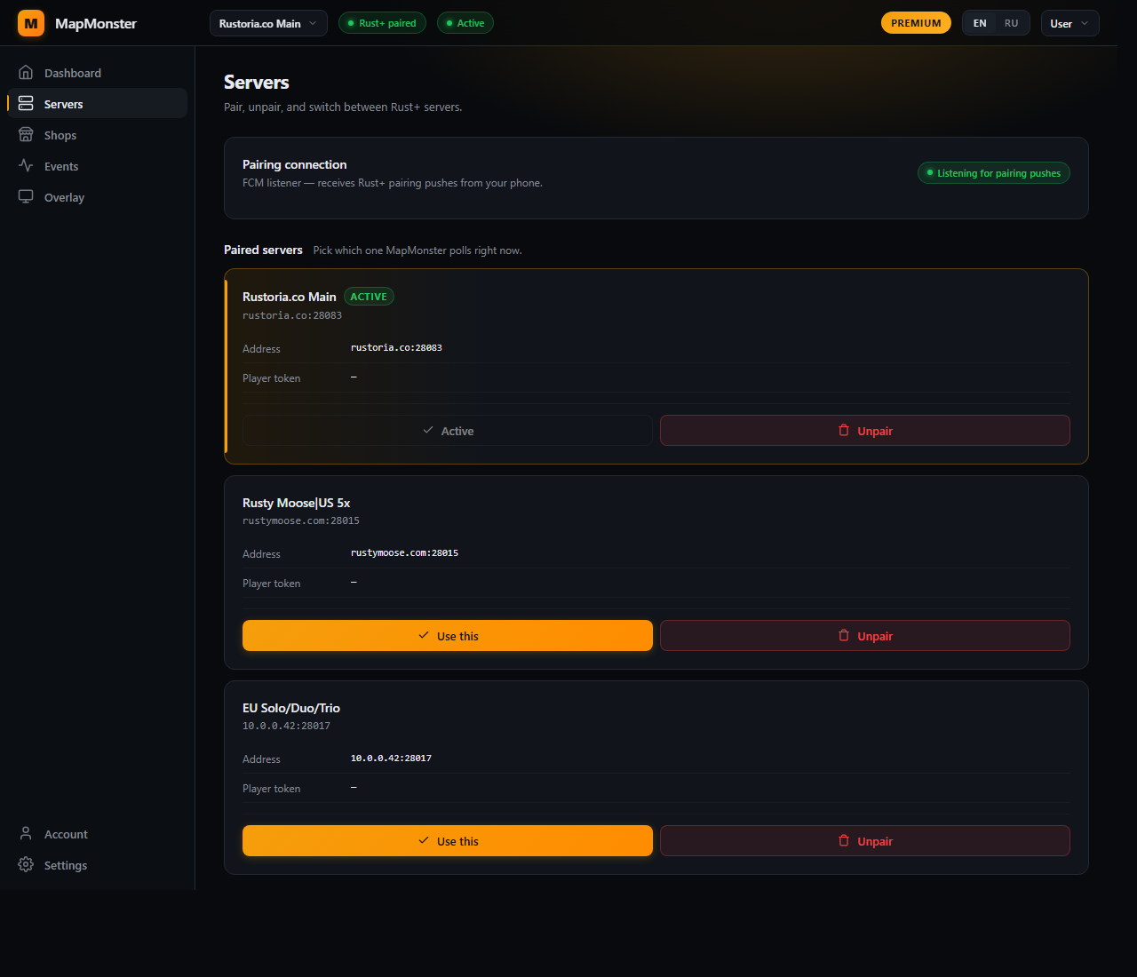 MapMonster Servers page — FCM connection card, active server with the ACTIVE badge, switchable secondary servers below.