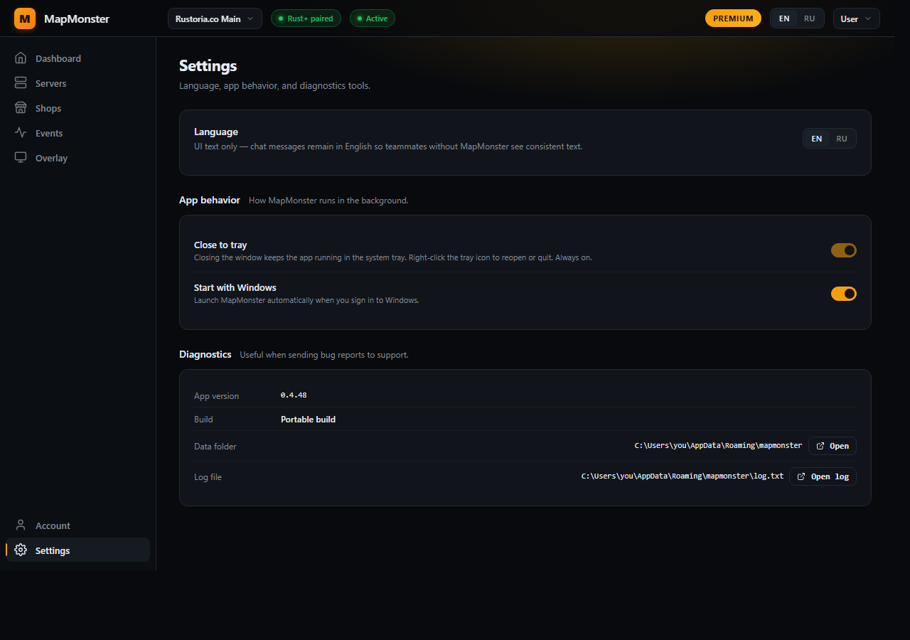 MapMonster Settings page — language switch EN/RU, Close-to-tray and Launch-on-startup toggles, Diagnostics card with version + data folder + log file paths.