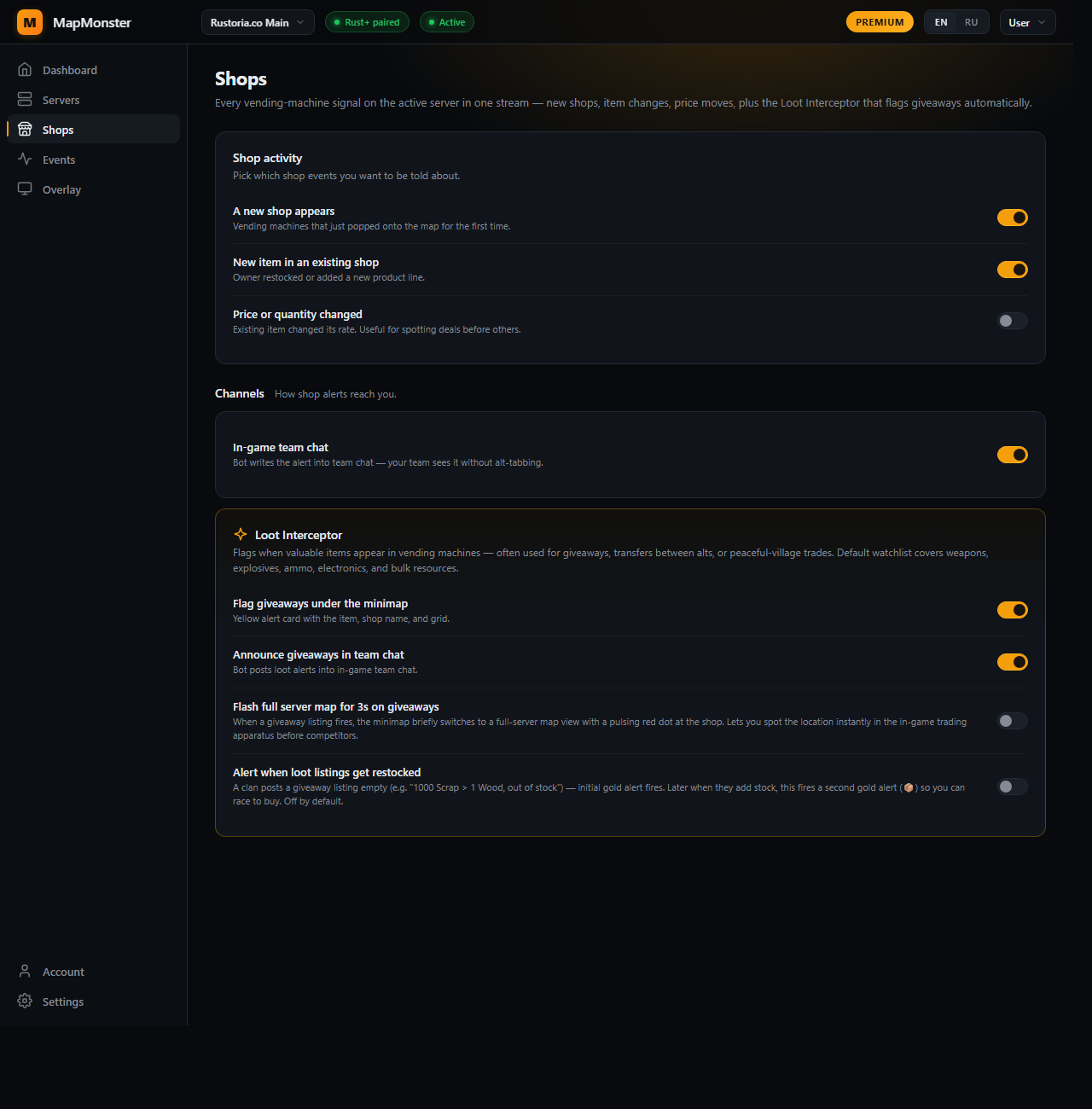 MapMonster Shops page — three Shop activity toggles, one channels toggle for team chat, plus the Loot Interceptor card with four premium toggles.