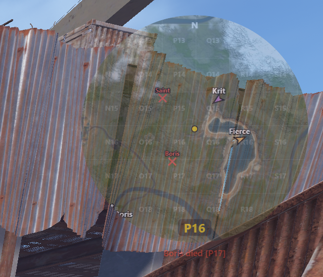 MapMonster в игре — прозрачное окно минимапа поверх Rust с позициями тиммейтов и маркерами событий.